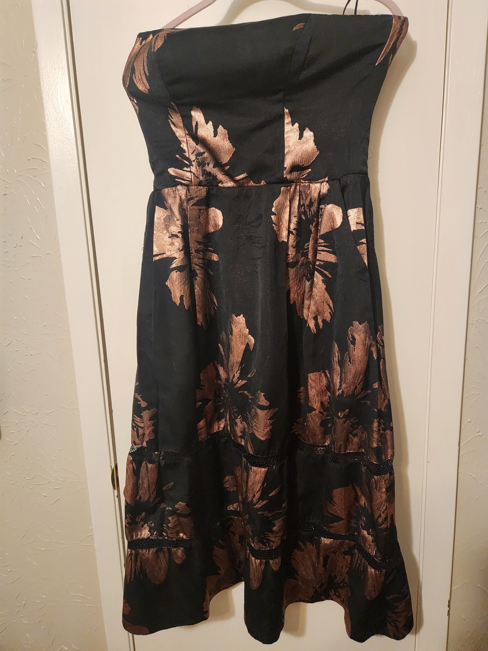 Nicole Miller Black Strapless Dress with Metallic Bronze Floral